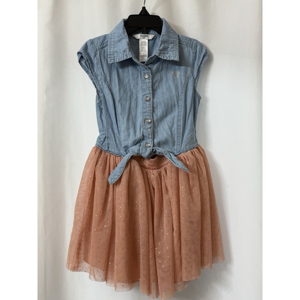 Guess Kids Girls Blue Denim‎ Tulle Tutu Dress Peach Glitter Rhinestone Size 5